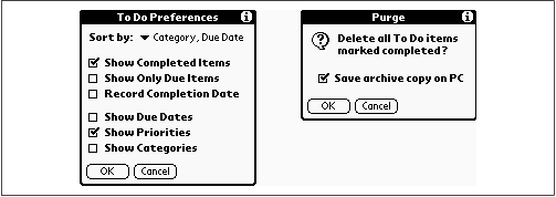 The Preferences box (left) lets you command completed items to disappear instantly. Alternatively, you can flush all completed tasks from your To Do program only when it suits you (right).