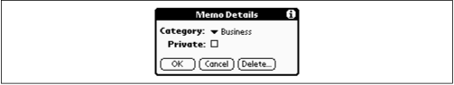 The Memo Pad Details screen is minimalist, offering access to two familiar options: Categories and the Private checkbox.