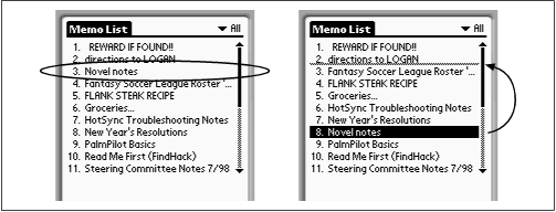 If you keep the stylus pressed against the glass, you can actually drag a memo’s name into a new position in the list (left). As you drag, a gray horizontal line shows where the memo’s new position will be when you lift the stylus (right).