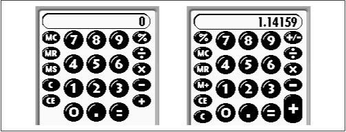 The Calculator, on the original Pilot (left) and on later models (right). Can you see the difference? Hint: compare the + buttons.