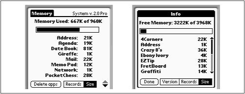 The Memory application. Left: Palm OS 2.0, with the Records button engaged. Note the Palm OS version at the top of the screen. Right: the enhanced Memory display of the Palm III and later models.