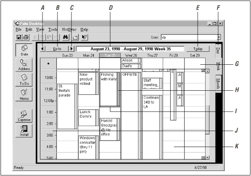 On the PC, the Date Book shows considerably more information than the PalmPilot’s tiny screen. The screen is rife with mouse-clickable places; simultaneous events appear side-by-side.