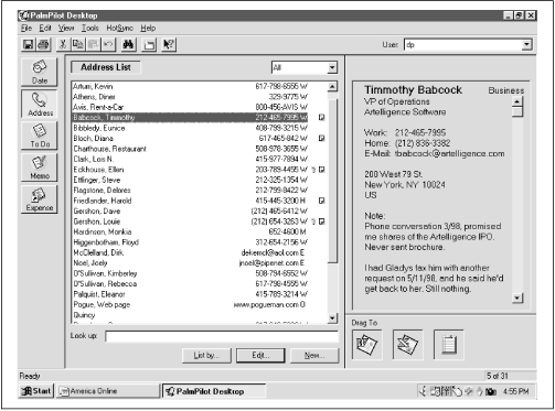 Click a name in the Address Book list (center) to view that person’s complete info screen (right). The tiny key icon indicates a Private record; the tiny Note icon indicates that you’ve attached a note to this person’s entry.