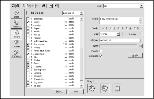 Palm Desktop’s To Do program offers more than just the master list—at right, it shows a closeup view of whichever item is currently selected. In this illustration, two additional columns have been turned on: the Completion Date and the Category columns.