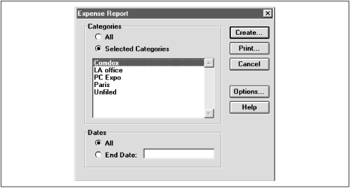 Specify which category (or categories) of expenses you want sent to Excel.