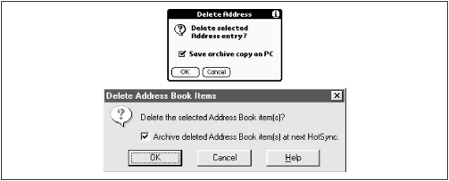 When you delete information from the PalmPilot (top) or from Palm Desktop (bottom), you’re offered the chance to save them into a backup file.