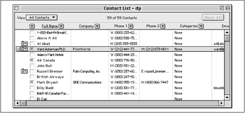 The Address Book, or Contact List, in Palm Desktop lets you rearrange or adjust the widths of all columns.