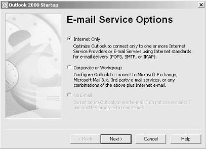Reconfiguring an E-mail Service Options dialog