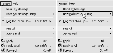 Customizing menus—the Actions menu selected (left); a command selected for modification (right)