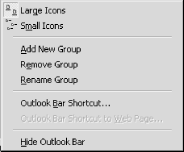 The Outlook Bar context menu