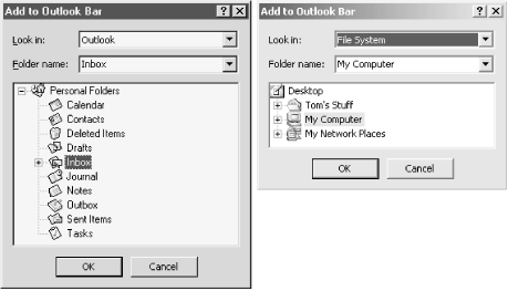The Add to Outlook Bar dialog—Outlook Folder view on the left, filesystem view on the right