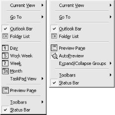 Calendar’s View Menus—Day/Week/Month (left) and Table view (right)