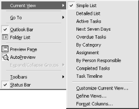 The Tasks View menu—the check mark represents the current view
