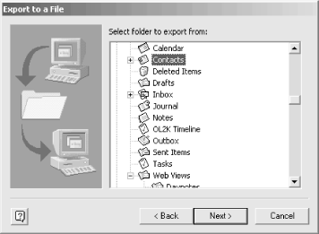 The Export to a File wizard showing the folder selection list dialog