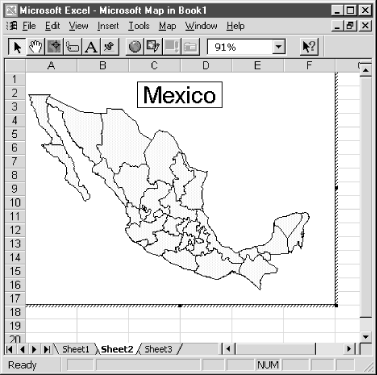 Microsoft Map Object with Editing Tools displayed within Excel