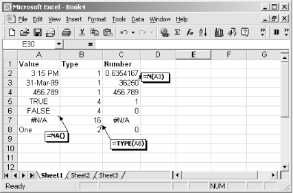 Use N to find the numeric form of a value and TYPE to determine what type of value is contained in a cell