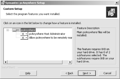 The pcAnywhere Custom Setup dialog box