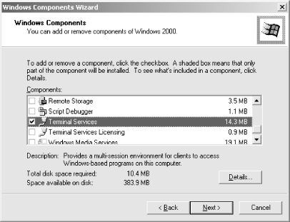 The Windows Components dialog box