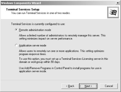 Terminal Services mode of operation configuration