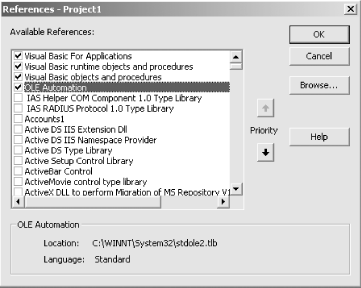 The References dialog box has a list of type library files to use in your project