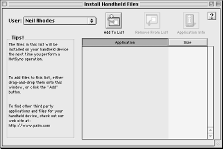 Palm Install Handheld Files dialog box for Mac OS
