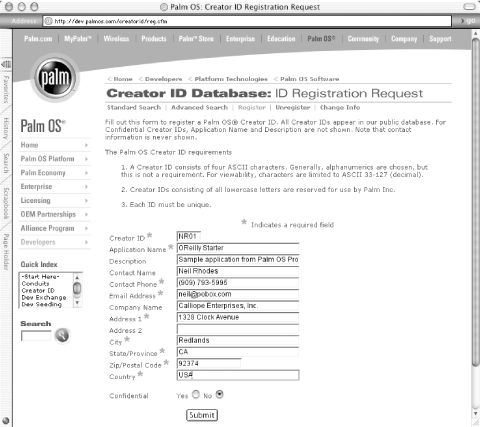 Filling out the form to register a creator ID