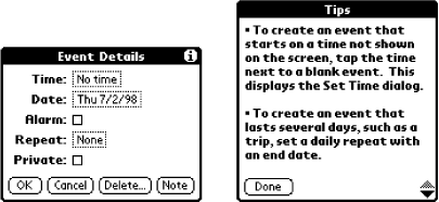 Modal dialog box (on left) with “i” button bringing up help (on right)