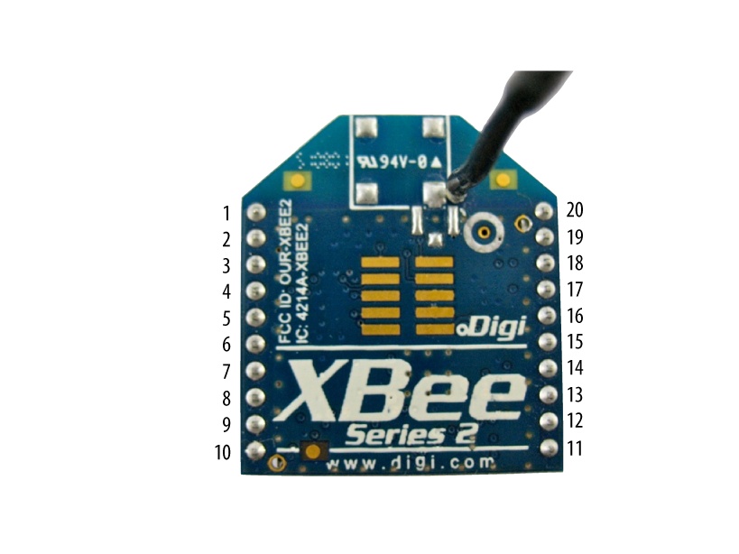 XBee physical pin numbering, front view