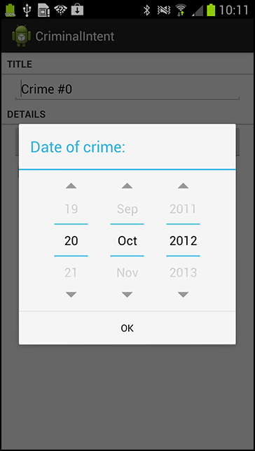 A dialog for picking the date of a crime