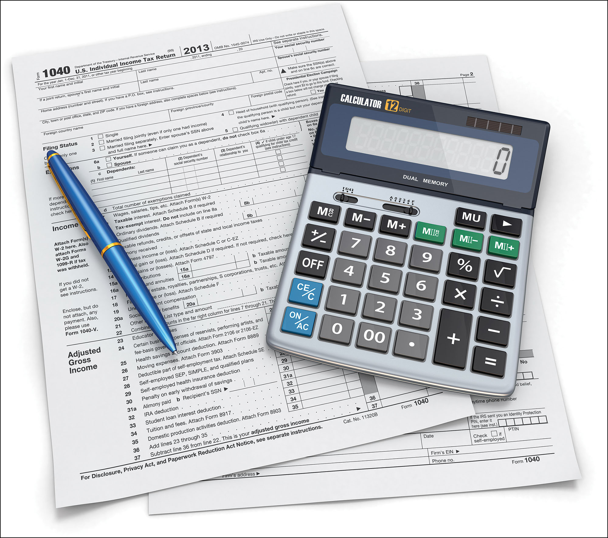 Photo of U.S. tax forms, a pen, and a calculator