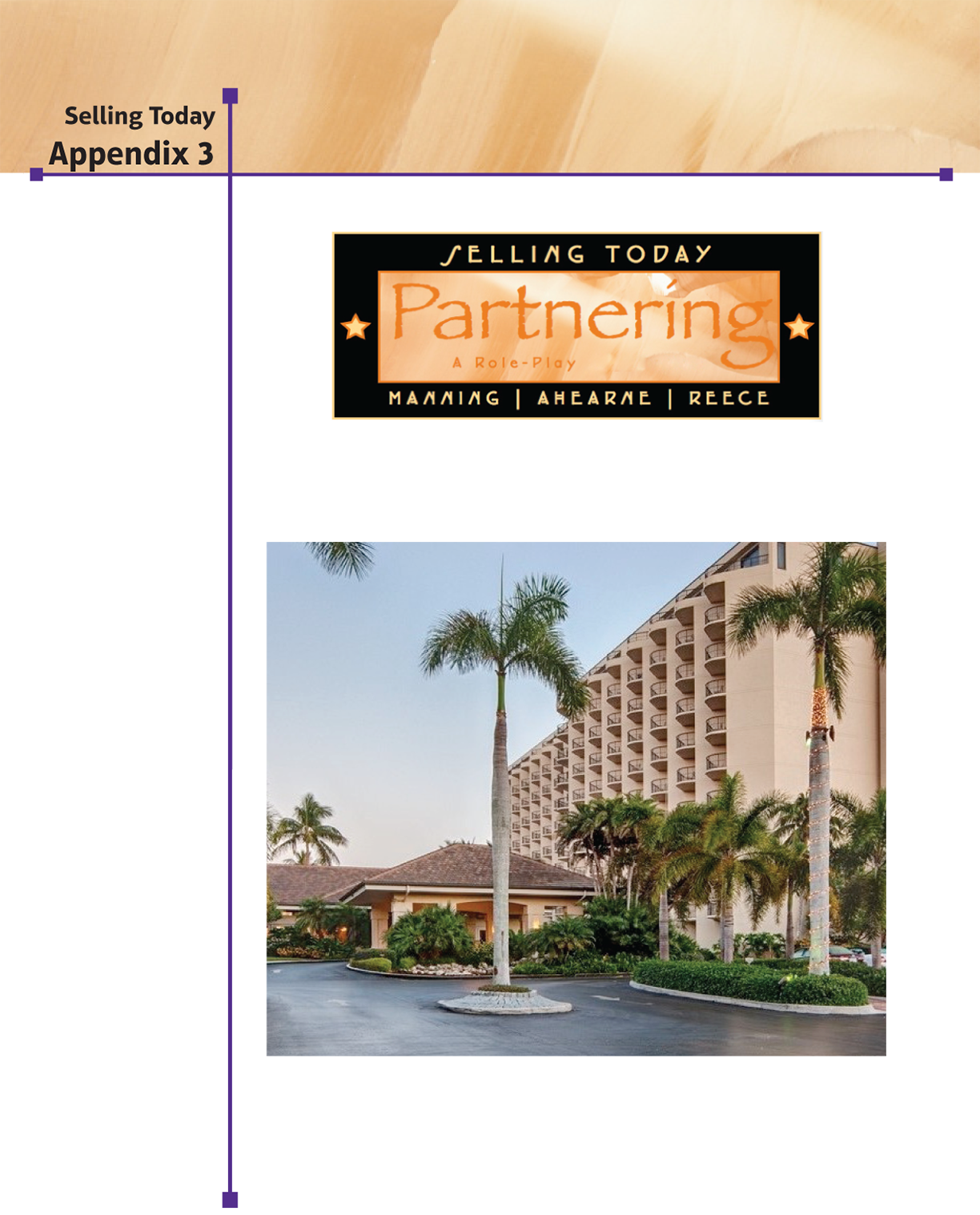 The intro page of appendix 3(selling today) shows a banner reading “Selling today; Partnering (a role play); Manning, Ahearne, Reece” and a photo of a beach resort.