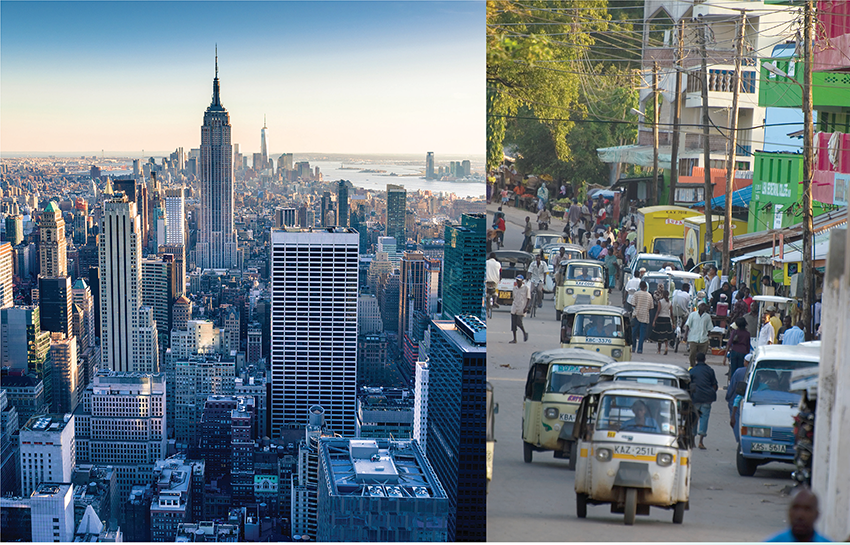 A combination photo shows a city skyline of a developed nation juxtaposed with a busy street in a third world country.
