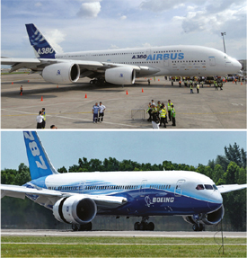 Compilation photo shows an Airbus and a Boeing airplane standing on the runway.