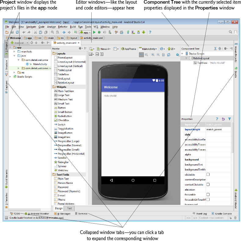 The welcome project window in Android studio has five panes.
