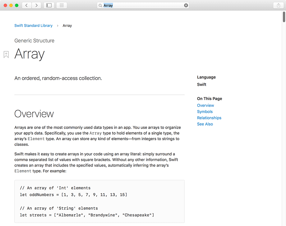Screenshot shows the documentation for Swift’s Array type. 