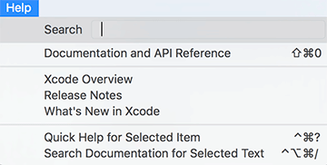 Screenshot shows the list of Help menu. Search text box is at the top. Documentation and API Reference, Xcode Overview, Release Notes, What’s New in Xcode, Quick Help for Selected Item, and Search Documentation for Selected Text are the options in the Help menu.