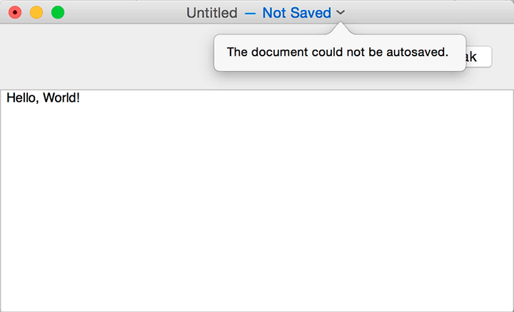 The VocalTextEdit screen titled “Untitled – Not Saved” is shown. Below the title, a popup box reads: The document could not be autosaved.
