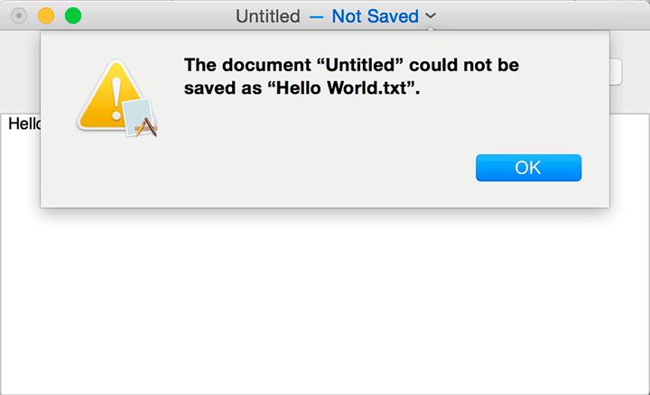 The VocalTextEdit screen titled “Untitled – Not Saved” is shown. Overlapping the screen, a dialog box reads: The document “Untitled” could not be saved as “Hello World.txt.” At the bottom right of the dialog box, OK button is shown.
