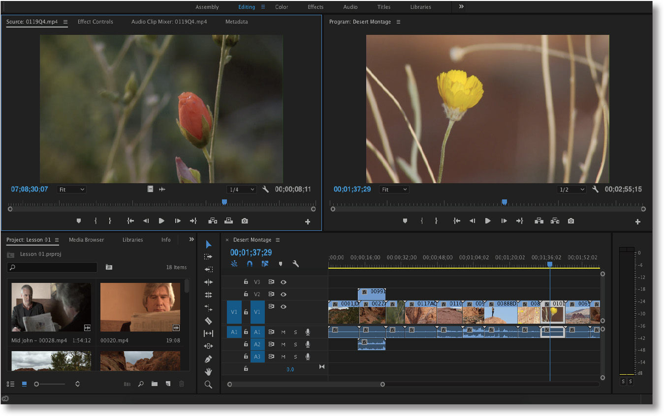 Main user interface elements of Adobe Premiere Pro.
