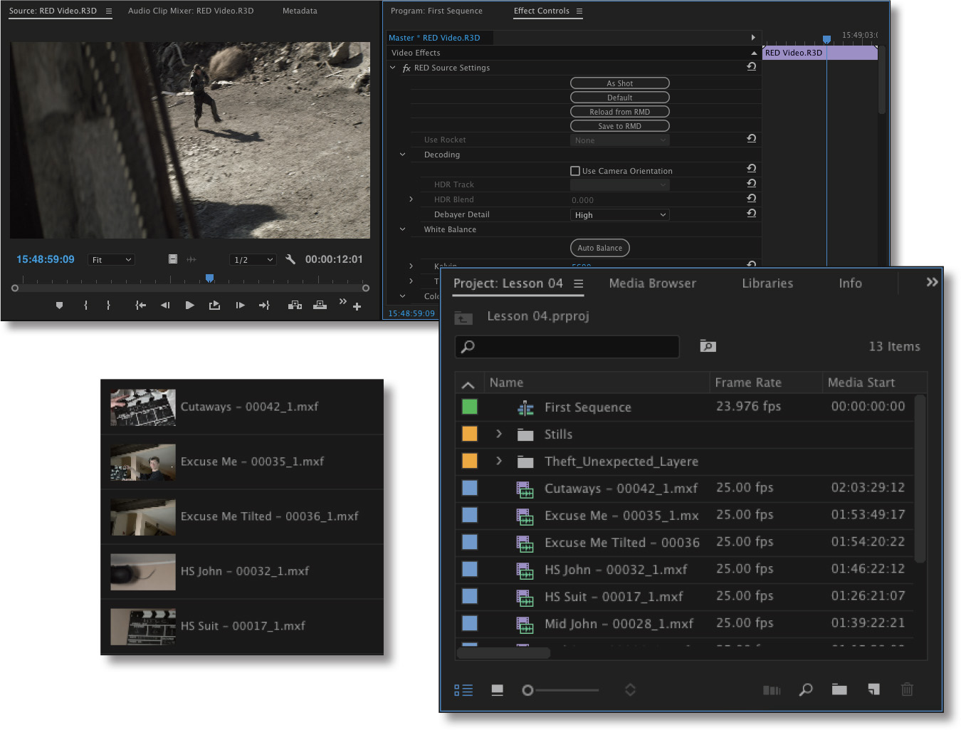 Four cascading panels of the workspace on Adobe premiere Pro: Source Monitor, Effect Controls, Media Browser, and a Cropped panel displaying thumbnails and names of video clips.