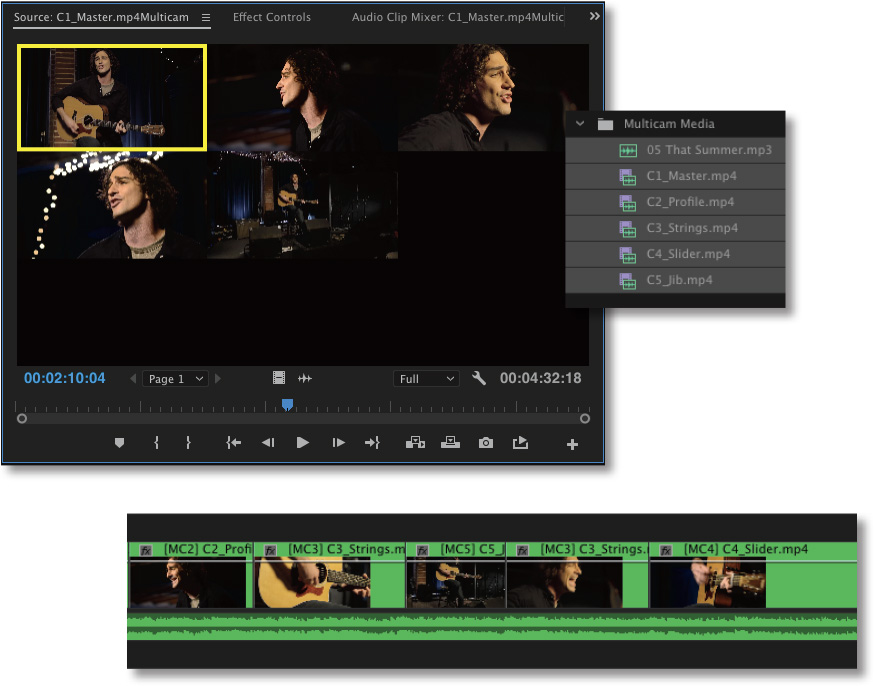 Screenshot shows 6 multicamera clips, selected for flattening.