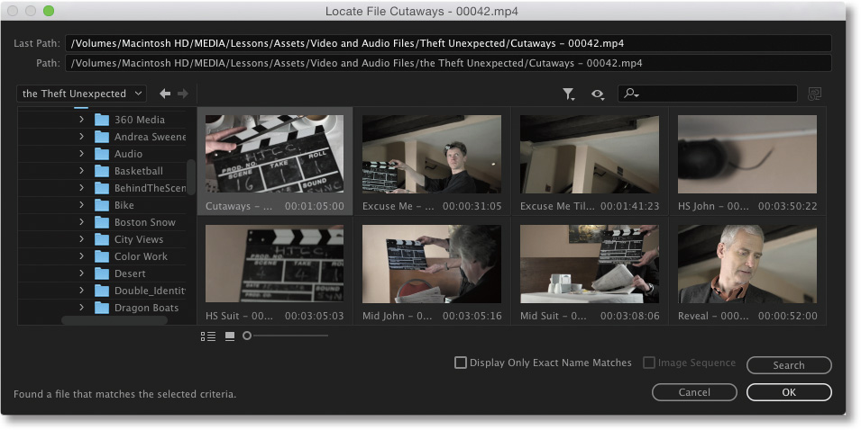 The Locate File Cutaways shows 8 video clips.