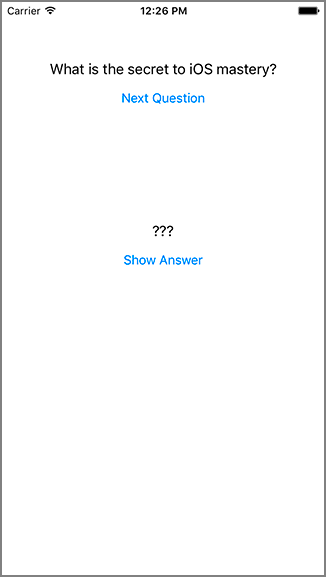 Screenshot of an iOS Quiz Application, which has a text area filled with question, followed by a “Next Question” button, a text area filled with question marks, and a “Show Answer” button.
