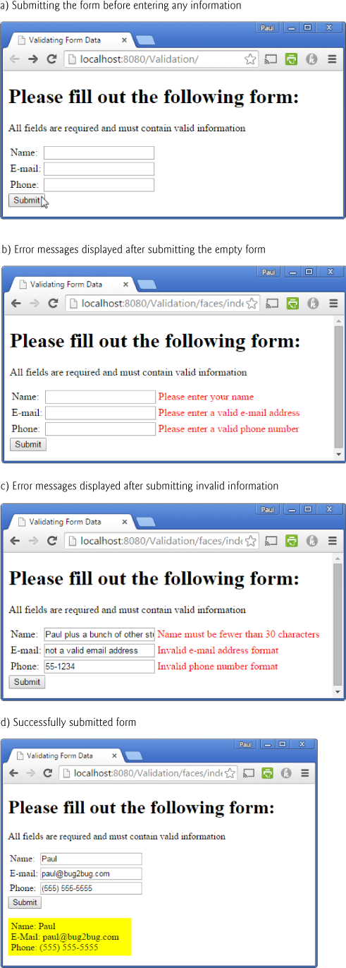 Four windows titled, validating form data.