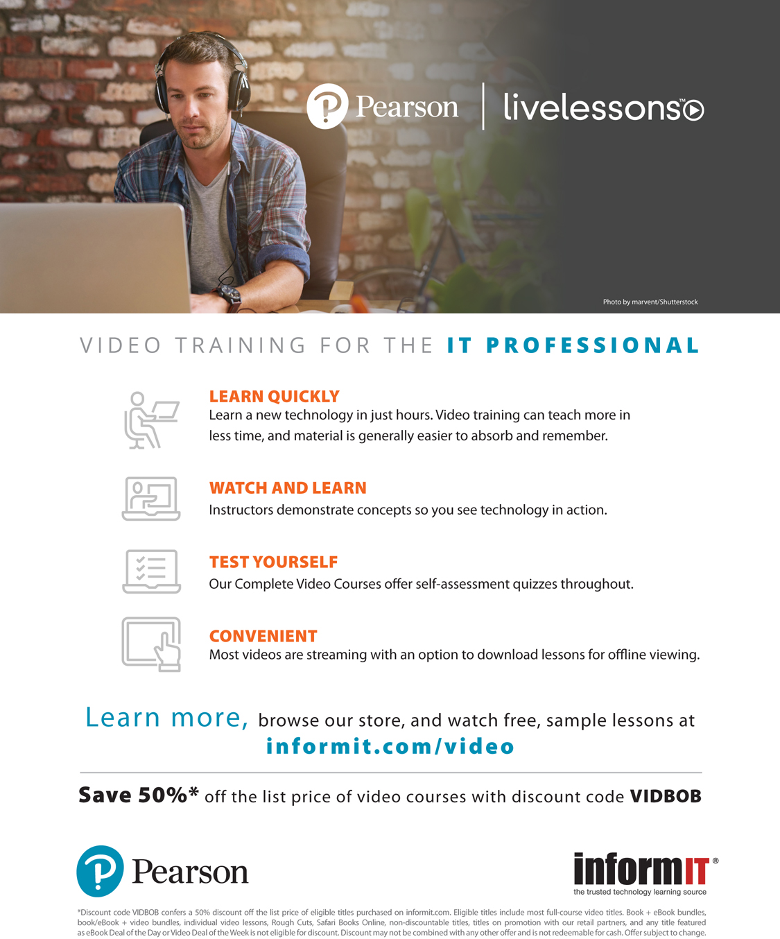A snapshot shows information about Pearson "livelessons," video training for the IT professional. Features such as "learn quickly," "watch and learn," "test yourself," and "convenient" are listed. A discount code "VIDBOB" can be used to get a discount of 50 percent.