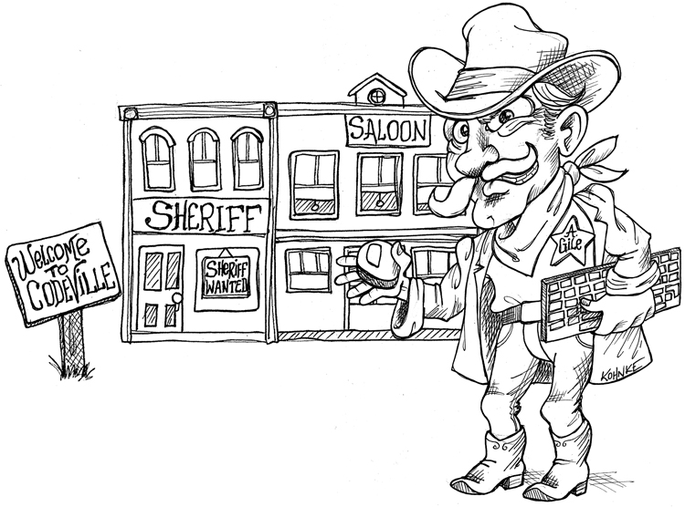 A cartoon is represented as follows. A signboard reads, "welcome to Codeville." In a building next to it, the sheriff's office and the saloon are shown. A sheriff is present at the background.