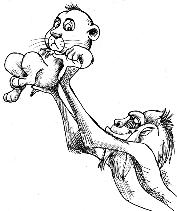 A sketch of Rafiqi holding up Simba.