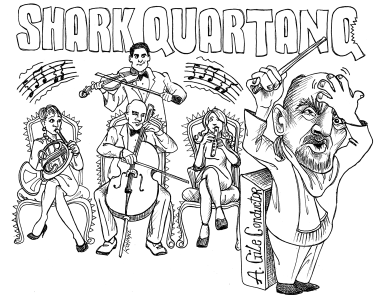A cartoon, titled "Shark Quartanq" portrays the five investors of Shark Tank in an orchestra with the Agile conductor at the front.