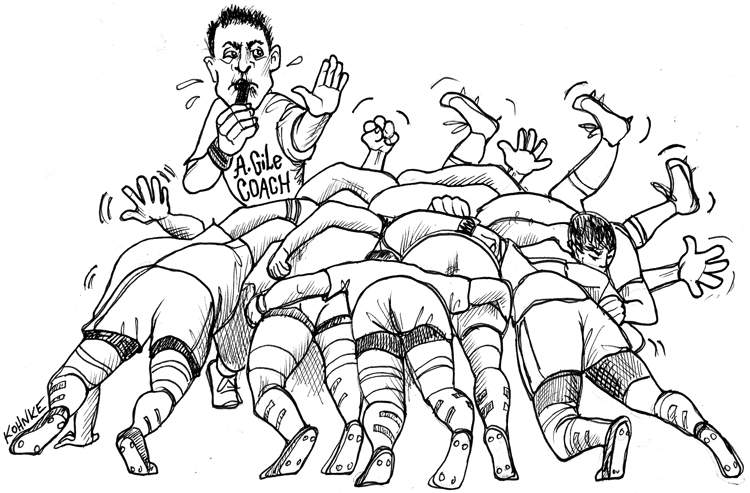 A cartoon shows a bunch of rugby players converging together. The Agile coach blows the whistle.