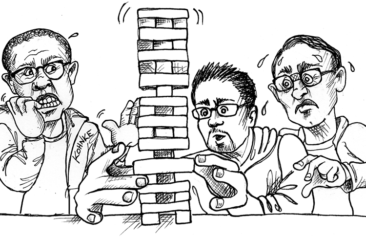 The cartoon shows three people playing with jenga blocks.